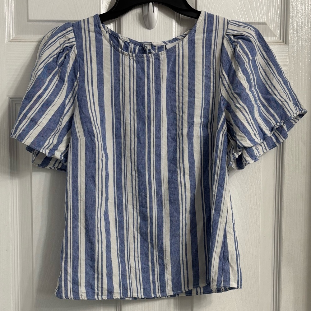 Cabi Blue White Stripe Wing Top Style 5343 Size XS Linen Blend Beach Nautical